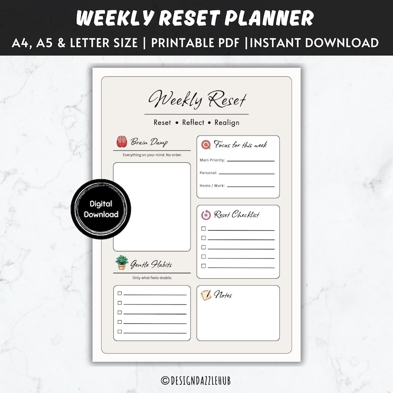 Weekly Reset Planner Printable | Gentle Reset Checklist for Overwhelmed ...