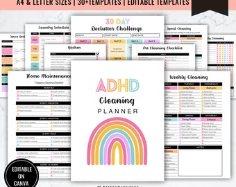 May include: A printable ADHD cleaning planner featuring a rainbow design. The planner includes checklists for decluttering, laundry, home maintenance, and weekly cleaning. The text "30 Day Declutter Challenge" is at the top of the page.
