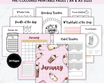 January Journal Bundle | Pre-Coloured Pages | Minimal Monthly Planner & Trackers