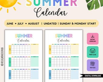 Ausdruckbarer Sommerkalender für Kinder | Undatiert Juni Juli August Planer | Freizeitplaner & Bucket List | Sonntag Start