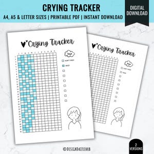 Pode incluir: Rastreador de choro imprimível com duas versões. A primeira versão tem uma grade azul e branca com uma chave que diz "Não chorei" e "Chorei". A segunda versão tem uma grade pontilhada. Ambas as versões têm um personagem de desenho animado fofo com uma lágrima na bochecha.