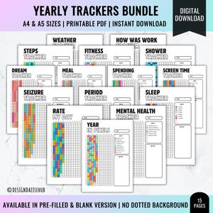 Yearly Trackers Journal Bundle | Premade Bullet Journal Pages | Habit Tracker | Digital Planner Pages | Bujo Template | Year at a Glance