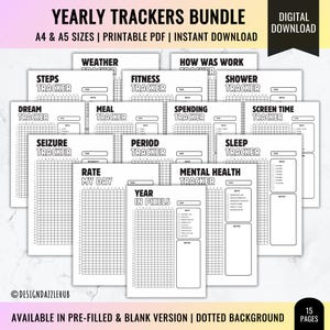 Yearly Trackers Journal Bundle | Premade Bullet Journal Pages | Habit Tracker | Digital Planner Pages | Bujo Template | Year at a Glance