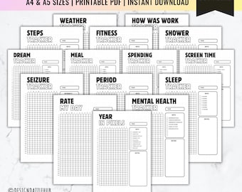 May include: A set of 15 printable yearly trackers in black and white. The trackers include: weather, steps, fitness, how was work, spending, shower, sleep, screen time, dream, meal, seizure, period, rate my day, year in pixels, and mental health. The trackers are designed with a dotted background and are available in pre-filled and blank versions.