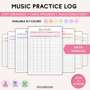 May include: A digital music practice log template featuring a grid layout with columns for date, start time, finish time, length, instrument, and notes. The document includes the text Music Practice and is available in seven pastel colours.
