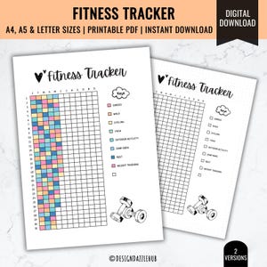 May include: Printable fitness tracker with two versions. The first version has a colorful grid for tracking workouts, with a key listing different activities like cardio, walk, cycling, yoga, outdoor activity, jump rope, rest, and weight training. The second version has a blank grid with checkboxes for each activity.