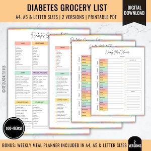 Elenco della spesa per il diabete / Pianificatore settimanale dei pasti per il diabete / Tabella alimentare per diabetici / Piano alimentare per diabetici / Piano alimentare per diabetici / Diabete di tipo 2