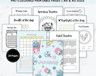 January Journal Bundle | Pre-Coloured Pages | Minimal Monthly Planner & Trackers