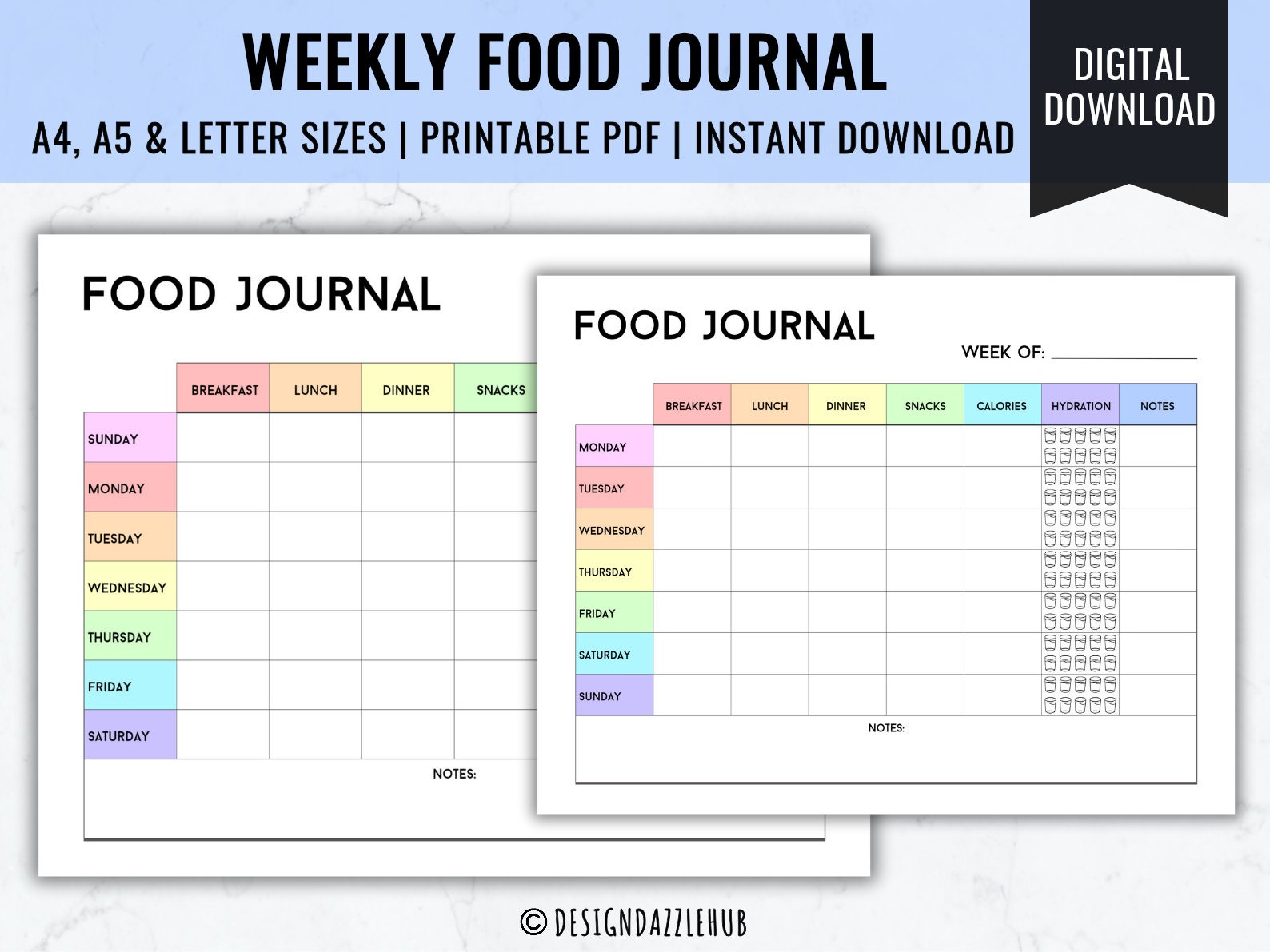 Printable Weekly Food Journal: Calorie & Water Tracker (PDF)