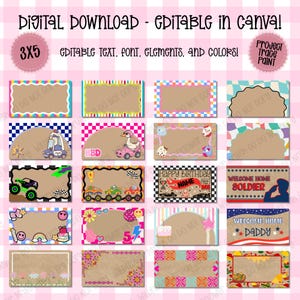 May include: A digital download set of 3x5 inch editable rectangular templates featuring various colorful borders and themes including race cars, birthday motifs, and welcome home designs with customizable text, fonts, and graphic elements.