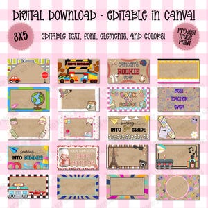 May include: A collection of twenty rectangular digital templates with editable text, fonts, and colors. Each template features a unique theme including construction, sports, school, travel, and floral designs on a light pink checkered background.