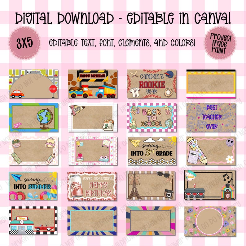 May include: A collection of twenty rectangular digital templates with editable text, fonts, and colors. Each template features a unique theme including construction, sports, school, travel, and floral designs on a light pink checkered background.