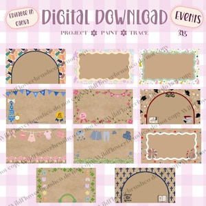May include: A digital download set of eleven rectangular event cards with tan centers and various themed borders including Easter bunnies, graduation caps, baby clothes, patriotic fireworks, and religious crosses, labeled 3x5 and editable in Canva.
