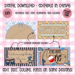 May include: A digital download template set featuring four rectangular designs with editable text, fonts, and colors. Designs include a shell pattern, a floral border with 'Baby In Bloom' text, a striped background with baby shoes, and a fishing theme.