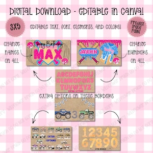 May include: A digital download template set featuring editable birthday designs with baseball and monster truck themes. Includes text, fonts, and color customization options for names and numbers, displayed on a light pink and white checkered background.