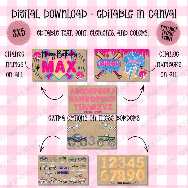 May include: A digital download template set featuring editable birthday designs with baseball and monster truck themes. Includes text, fonts, and color customization options for names and numbers, displayed on a light pink and white checkered background.