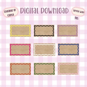 May include: A digital download set of nine rectangular labels with kraft paper texture and wavy borders in yellow, black, purple, hot pink, white, blue, red, green, and light pink. Text includes "Digital Download", "Editable in Canva", and "Simple Wavy 3x5".