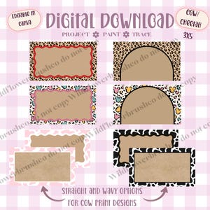 May include: A digital download set featuring rectangular and arched labels with various patterns including leopard print, cow print, and mouse-ear shapes. The labels have straight or wavy borders in colors like red, pink, and black on a light pink background.