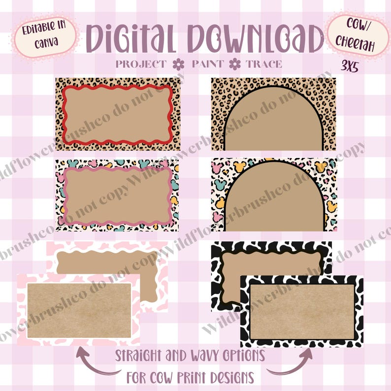May include: A digital download set featuring rectangular and arched labels with various patterns including leopard print, cow print, and mouse-ear shapes. The labels have straight or wavy borders in colors like red, pink, and black on a light pink background.