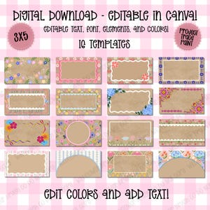 May include: Digital download of customizable Canva templates. The templates feature various floral and decorative frames with editable text, fonts, and colors. The design includes the text "3x5" and "IG Templates". The background is a pink gingham pattern.