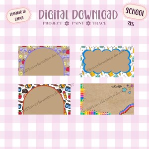 May include: Four rectangular digital download templates with school-themed patterns. Features include an arch-shaped frame with bows and smiley faces, a scalloped frame with school supplies, an arch frame with icons, and a plain frame with colored pencils.