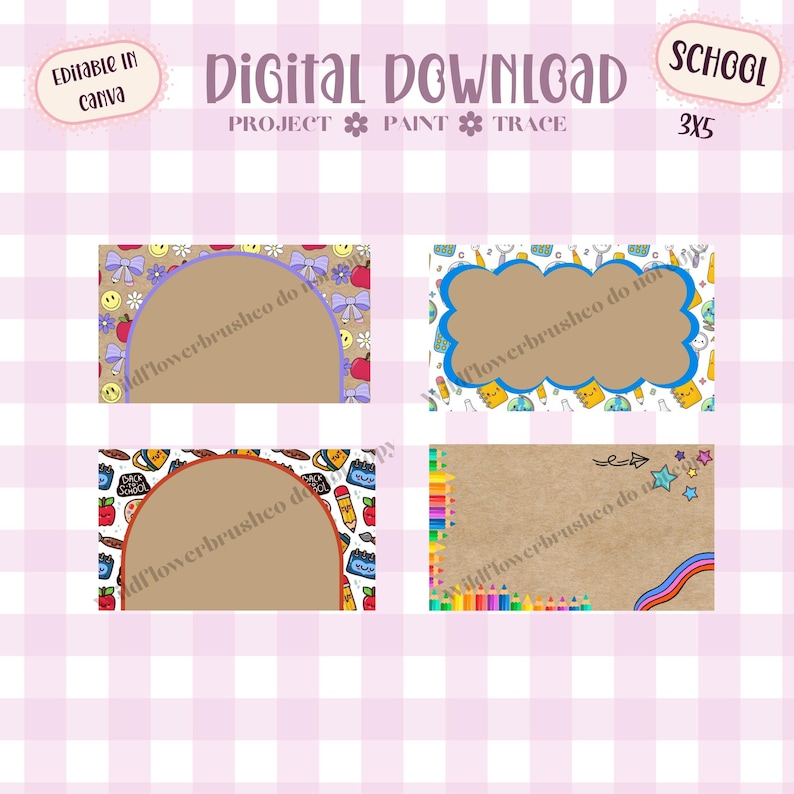 May include: Four rectangular digital download templates with school-themed patterns. Features include an arch-shaped frame with bows and smiley faces, a scalloped frame with school supplies, an arch frame with icons, and a plain frame with colored pencils.