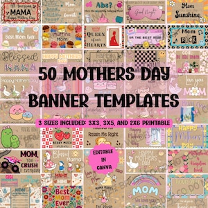 Könnte beinhalten: Eine Sammlung von 50 Muttertags-Banner-Vorlagen mit verschiedenen grafischen Designs, Illustrationen von Blumen, Tieren und Lebensmitteln sowie Texten wie All American Mama, Queen of our Hearts und 50 Mothers Day Banner Templates.