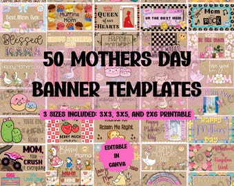 50 modèles de bannières pour la Fête des Mères : conception Canva modifiable (téléchargement numérique) Maquette de bannière 3 x 5, 3 x 3 et 2 x 6 et lot de bordures de modèles