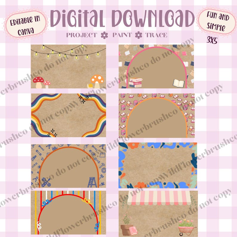 May include: A digital download set featuring eight rectangular templates with kraft paper backgrounds. Designs include string lights, mushrooms, books, rainbows, tools, abstract floral patterns, colorful stripes, and a garden scene with a wheelbarrow.