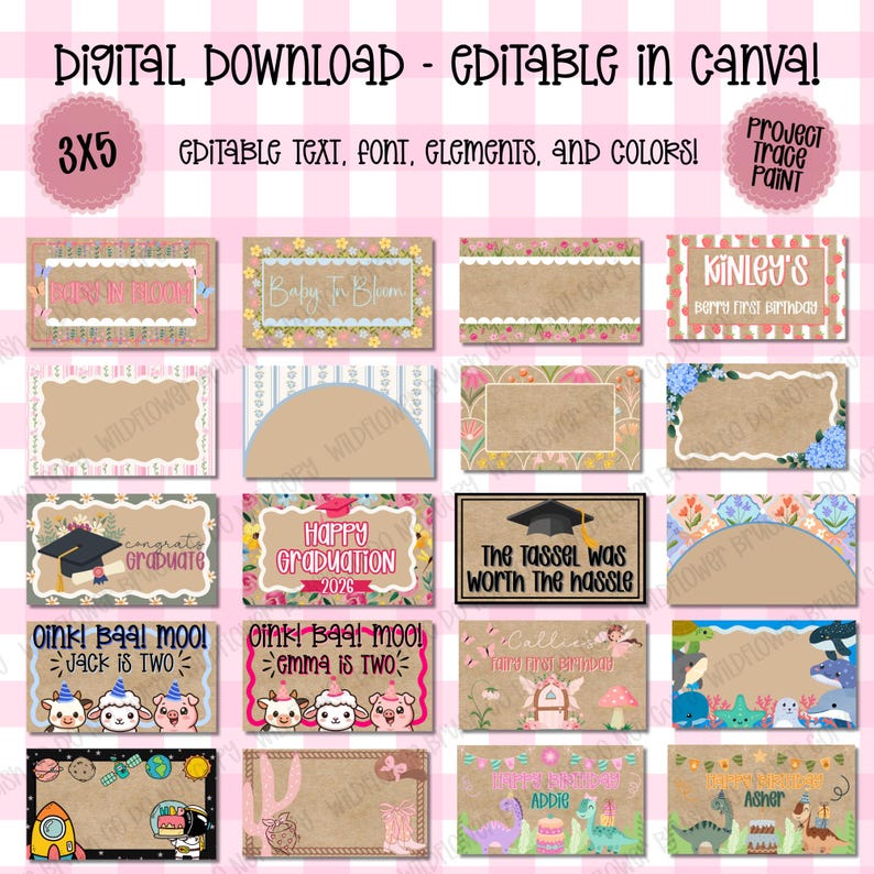 May include: A digital download set of 3x5 inch editable rectangular templates featuring various themes including floral, graduation, farm animals, space, and dinosaurs. Each template allows for customization of text, fonts, and colors in Canva.