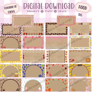 May include: A collection of rectangular and arched digital labels featuring food-themed borders with strawberries, donuts, cherries, burgers, pizza, tacos, and coffee. The text reads Digital Download, Editable in Canva, Project Paint Trace, and Food 3x5.