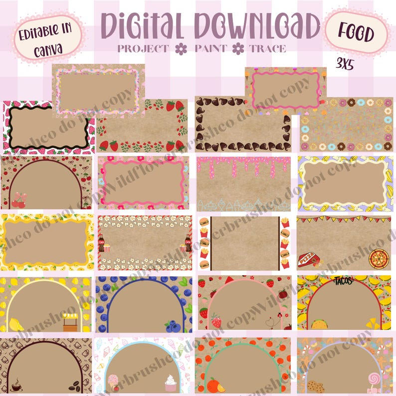 May include: A collection of rectangular and arched digital labels featuring food-themed borders with strawberries, donuts, cherries, burgers, pizza, tacos, and coffee. The text reads Digital Download, Editable in Canva, Project Paint Trace, and Food 3x5.