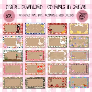 May include: A digital download set of twenty rectangular labels with editable text, fonts, and colors. Each label features a unique decorative border and graphic elements including lemons, ducks, strawberries, cherries, and animal prints.