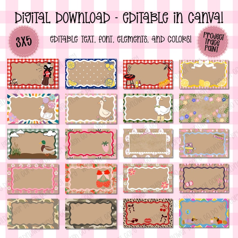May include: A digital download set of twenty rectangular labels with editable text, fonts, and colors. Each label features a unique decorative border and graphic elements including lemons, ducks, strawberries, cherries, and animal prints.