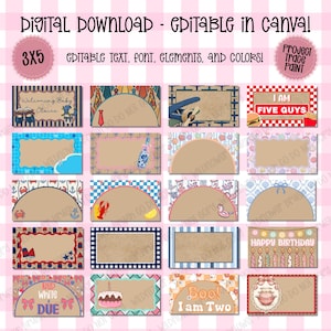 May include: A digital download set of twenty rectangular templates with editable text, fonts, and colors. The designs feature various themes including birthday, baby shower, and seasonal motifs with blank central areas for customization.