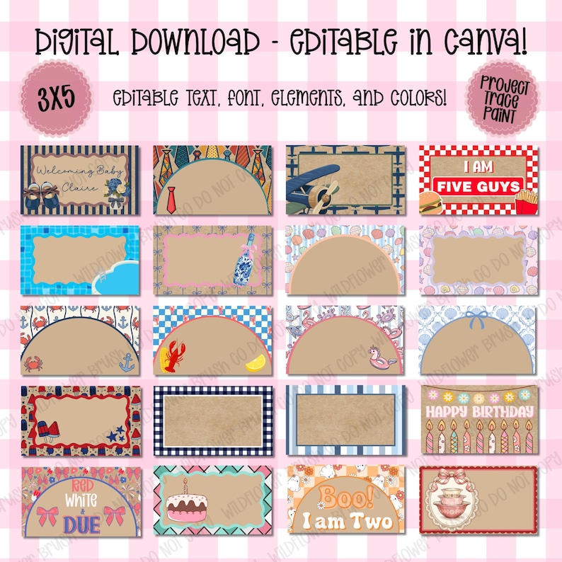 May include: A digital download set of twenty rectangular templates with editable text, fonts, and colors. The designs feature various themes including birthday, baby shower, and seasonal motifs with blank central areas for customization.