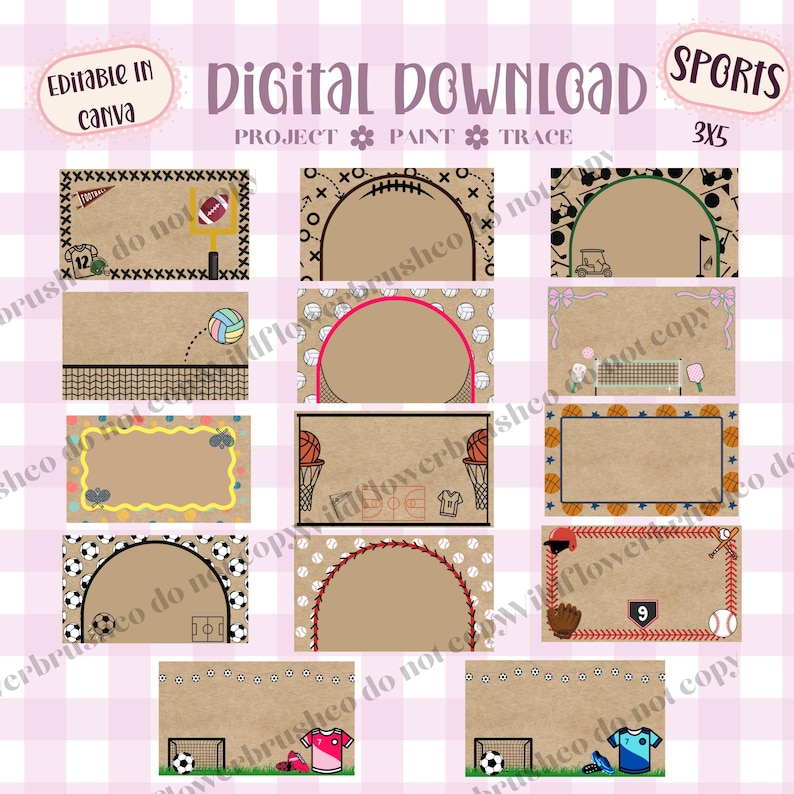 May include: A digital download set of sports-themed rectangular labels on a kraft paper background. The collection features various designs including football, basketball, soccer, volleyball, and baseball motifs with blank spaces for text customization.