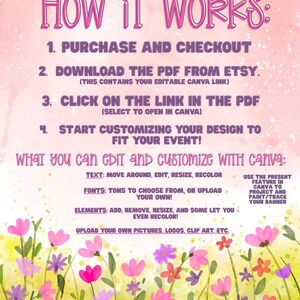 May include: An instructional graphic with a pink and yellow watercolor floral background. The text reads: HOW IT WORKS: 1. PURCHASE AND CHECKOUT 2. DOWNLOAD THE PDF FROM ETSY. 3. CLICK ON THE LINK IN THE PDF 4. START CUSTOMIZING YOUR DESIGN TO FIT YOUR EVENT! WHAT YOU CAN EDIT AND CUSTOMIZE WITH CANVA: TEXT, FONTS, ELEMENTS, AND UPLOAD YOUR OWN PICTURES, LOGOS, CLIP ART.