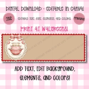Op de afbeelding: Digitale download-sjabloon met een roze en beige kleurenschema. Het ontwerp bevat een decoratieve rand, een strik en een stapel roze kommen. Tekst bevat "Editable in Canva" en "Print at Walgreens!"