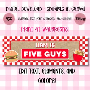 May include: A rectangular digital banner template featuring a red and white checkered border, a kraft paper background, and the text 'LIAM IS FIVE GUYS'. It includes illustrations of a hamburger and french fries, with additional text overlays.