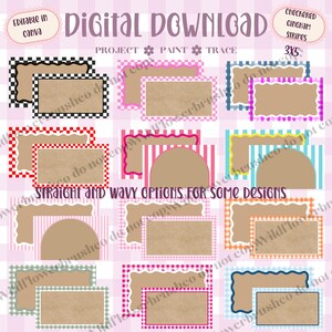 May include: A digital download set featuring rectangular and arched labels with checkered and gingham stripe borders in various colors. The labels have tan centers and include text such as DIGITAL DOWNLOAD, PROJECT PAINT TRACE, and 3X5.