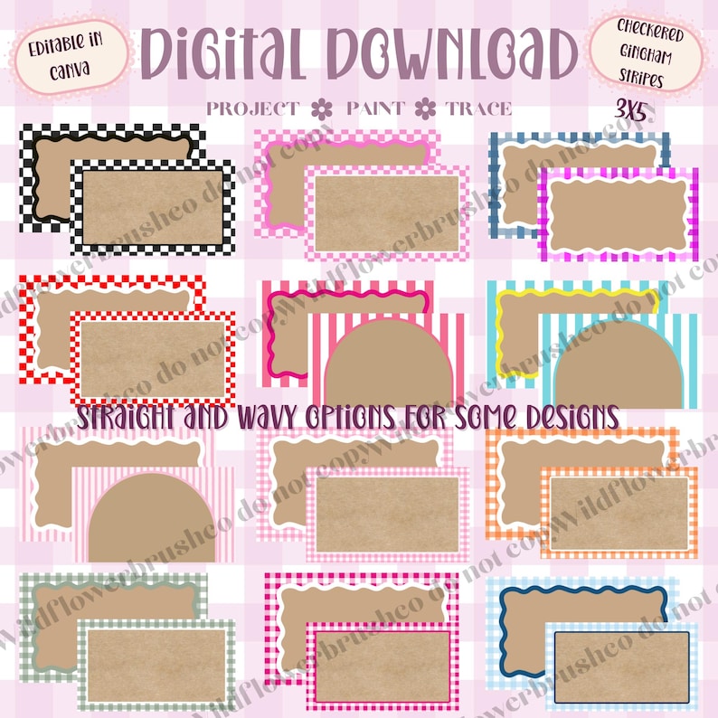 May include: A digital download set featuring rectangular and arched labels with checkered and gingham stripe borders in various colors. The labels have tan centers and include text such as DIGITAL DOWNLOAD, PROJECT PAINT TRACE, and 3X5.