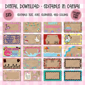 May include: A digital download set of 3x5 rectangular templates featuring editable text, fonts, and colors. The collection includes various graphic themes such as birthday cakes, beach scenes, musical instruments, animals, and medical icons on kraft paper.