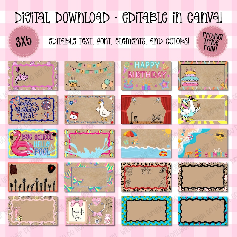 May include: A digital download set of 3x5 rectangular templates featuring editable text, fonts, and colors. The collection includes various graphic themes such as birthday cakes, beach scenes, musical instruments, animals, and medical icons on kraft paper.