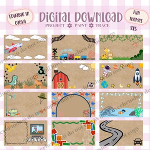 May include: A digital download set of twelve rectangular cards featuring various themes on a kraft paper background, including an airplane, train, jungle animals, dinosaurs, farm, space, fishing, ocean, gaming, building blocks, and a road.