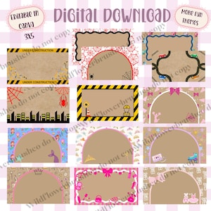 May include: A collection of twelve rectangular digital labels featuring various themes including construction, spiders, cars, cityscapes, mermaids, crowns, roller skates, and beauty accessories, all with blank central areas for text customization.