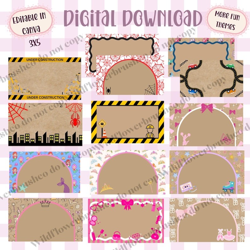 May include: A collection of twelve rectangular digital labels featuring various themes including construction, spiders, cars, cityscapes, mermaids, crowns, roller skates, and beauty accessories, all with blank central areas for text customization.