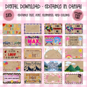 May include: A digital download set of 3x5 inch editable rectangular cards featuring various themes including birthday greetings, sports, nature, and party motifs. The designs include text, colorful graphics, and patterns on a kraft paper background.