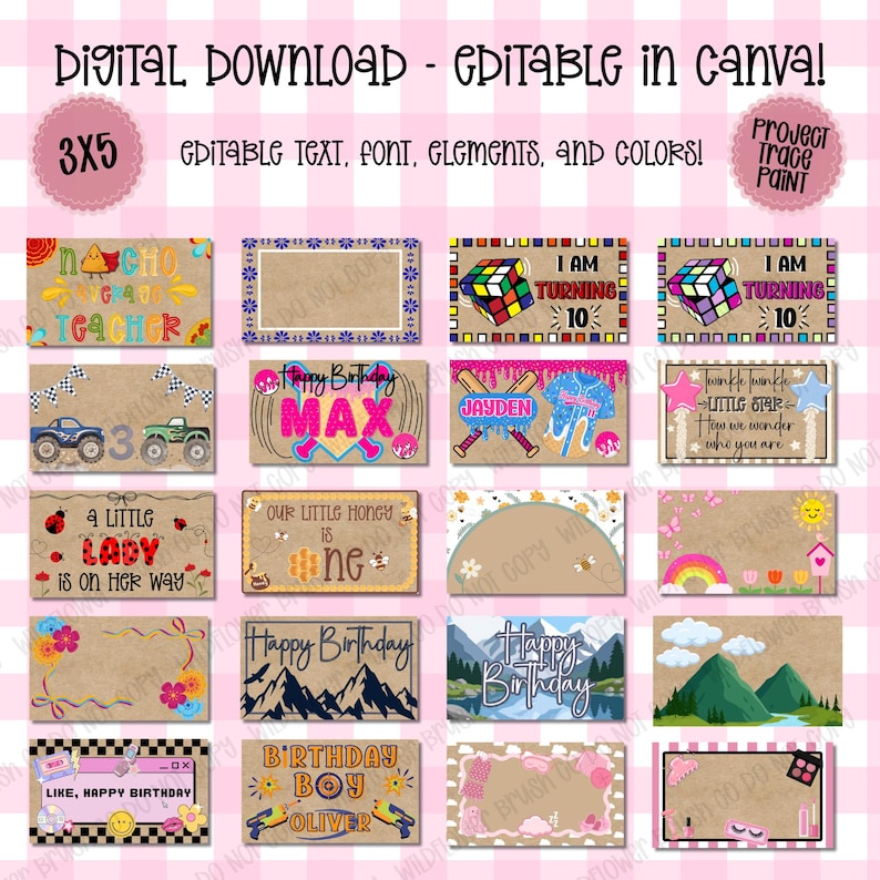 May include: A digital download set of 3x5 inch editable rectangular cards featuring various themes including birthday greetings, sports, nature, and party motifs. The designs include text, colorful graphics, and patterns on a kraft paper background.