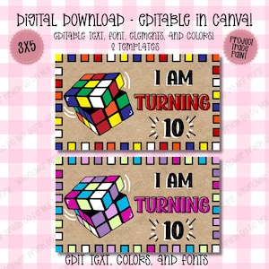 Rubik's Cube Birthday Banner Border Templates: Editable Canva Design (Digital Download) 3x5 Banner Mock Up and Template Border Bundle
